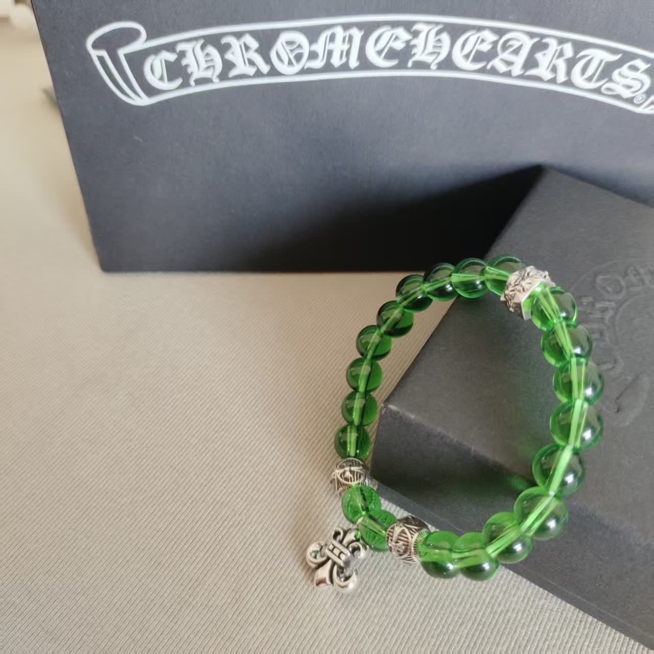Chrome Hearts Green Beaded Bracelet with Fleur-de-Lis Charm